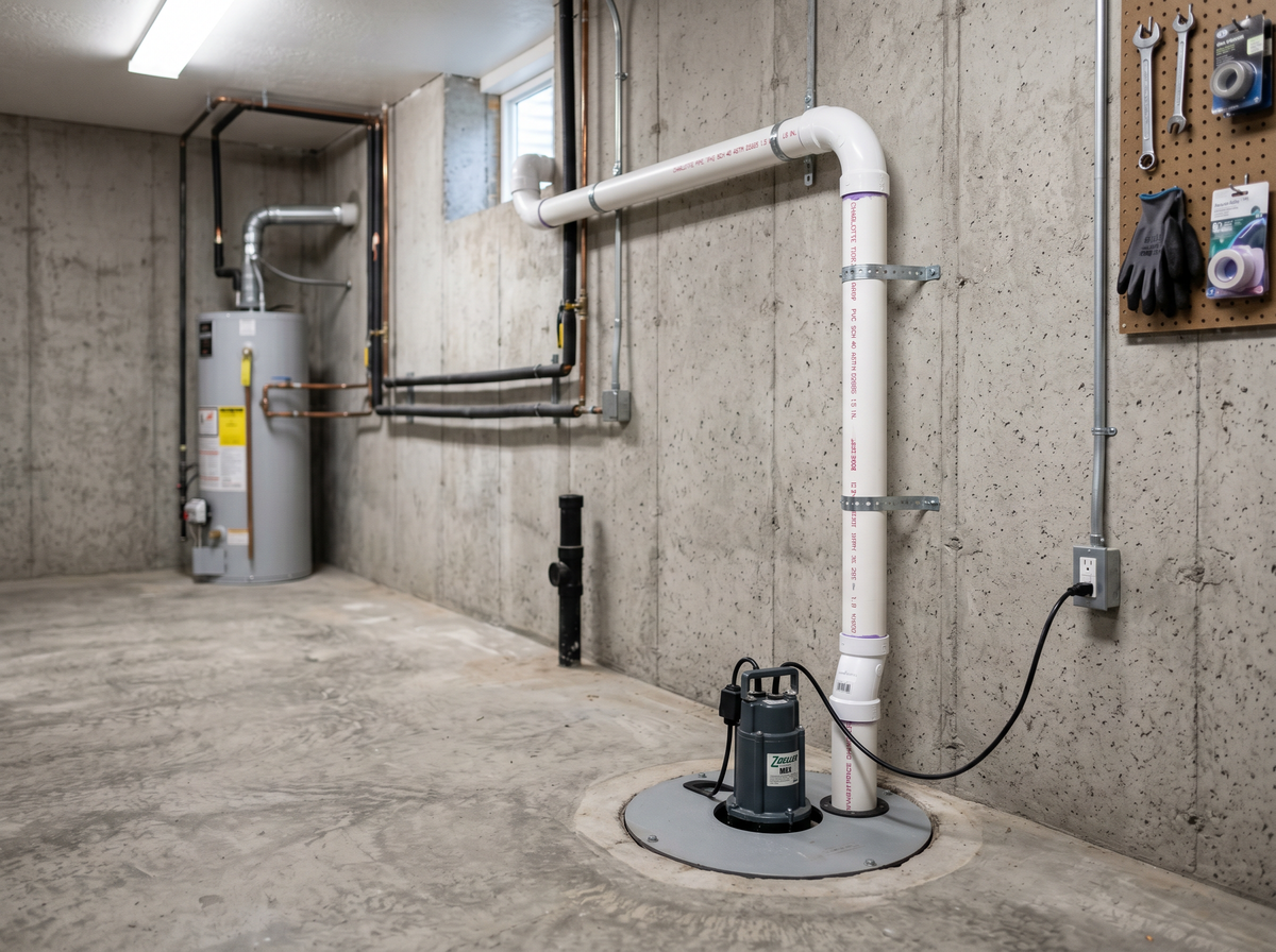 Newly installed residential sump pump with white PVC discharge pipe in a clean concrete basement